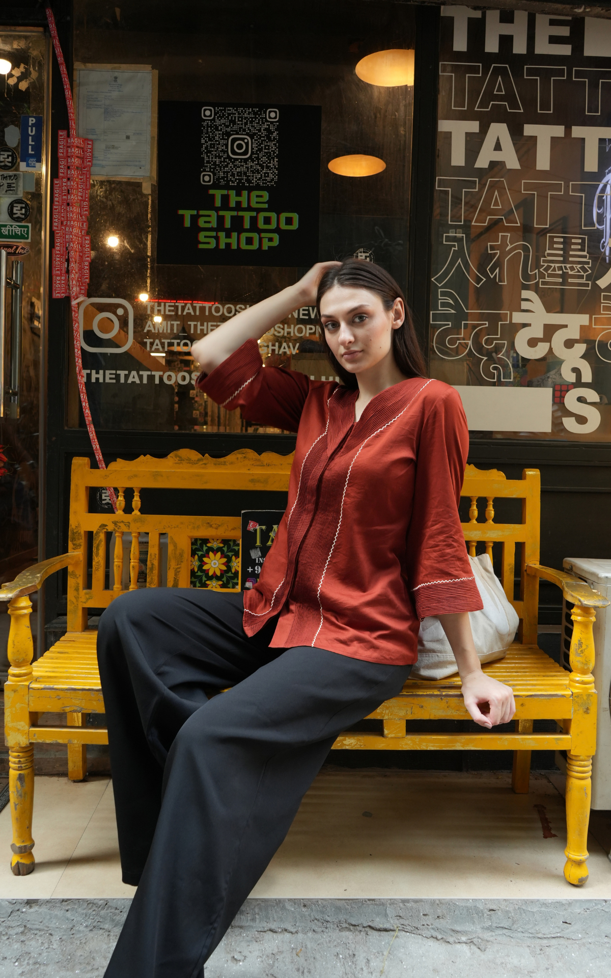 V-neck Detailed Shirt - Rust Red