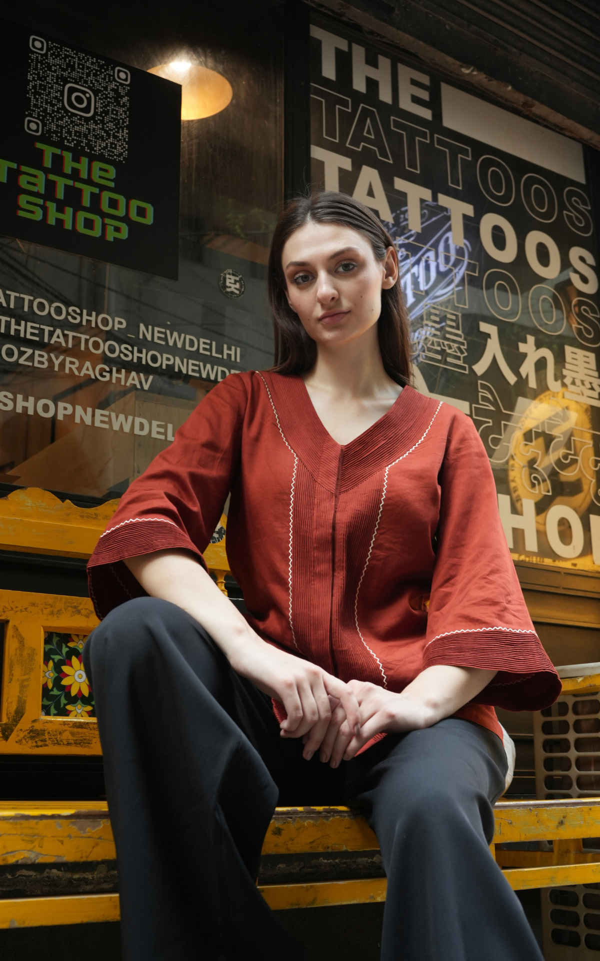 V-neck Detailed Shirt - Rust Red