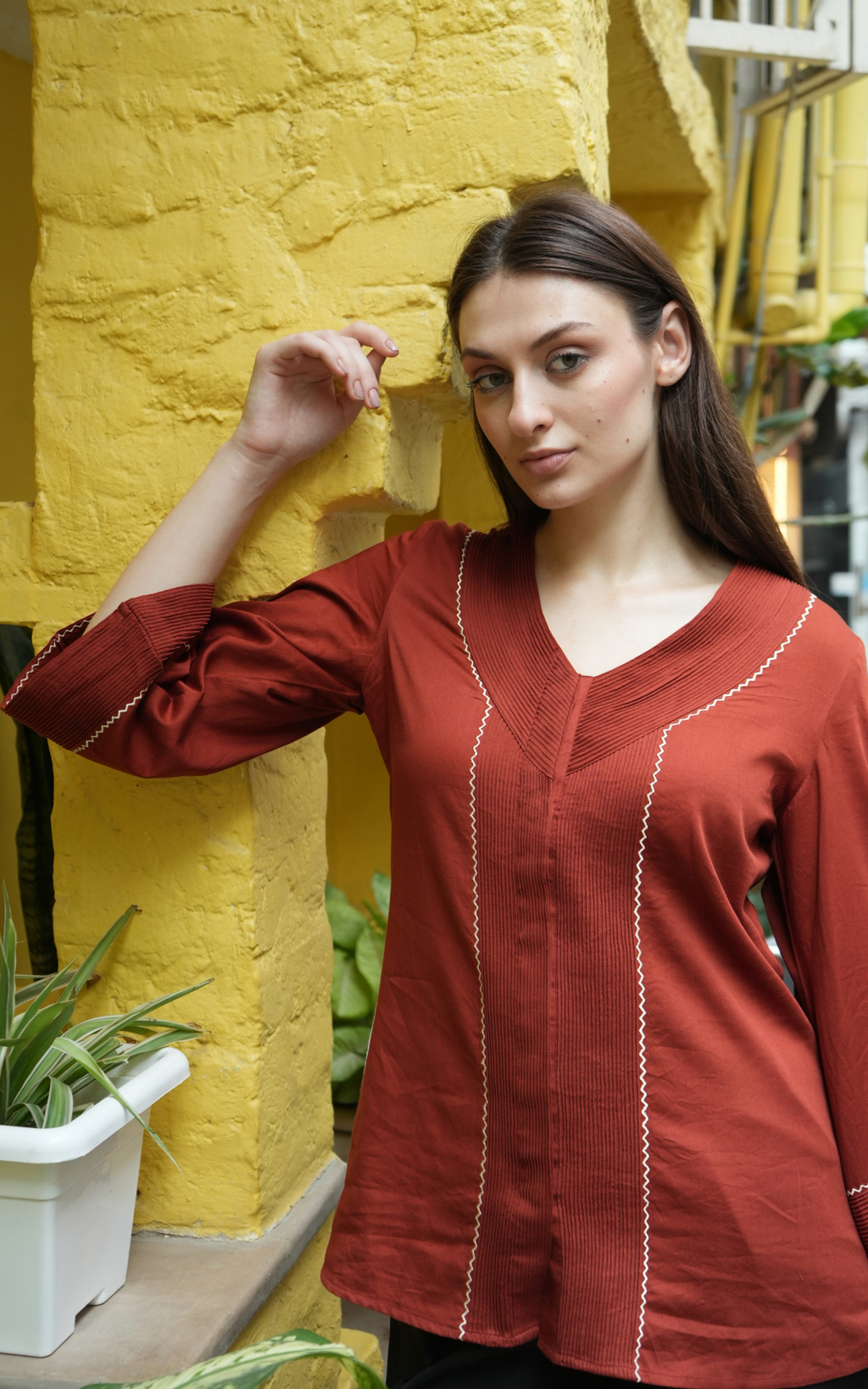 V-neck Detailed Shirt - Rust Red