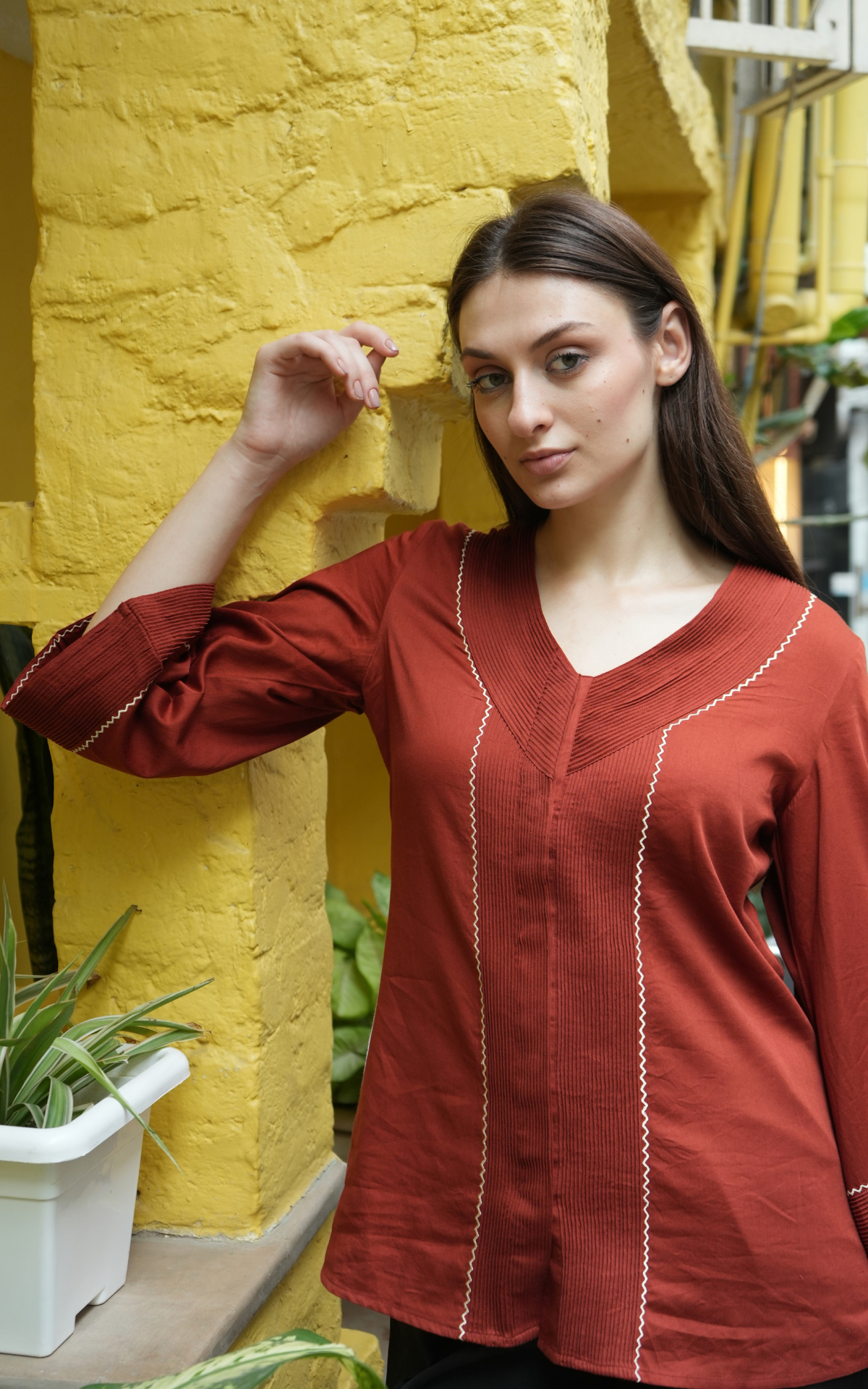 V-neck Detailed Shirt - Rust Red