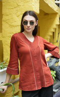 V-neck Detailed Shirt - Rust Red