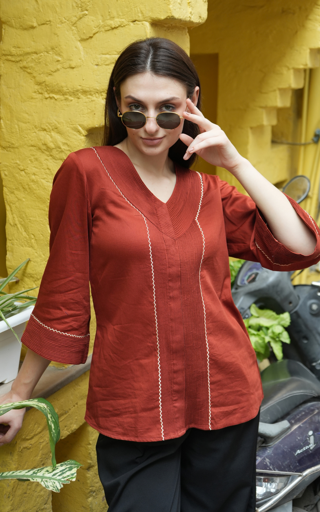 V-neck Detailed Shirt - Rust Red