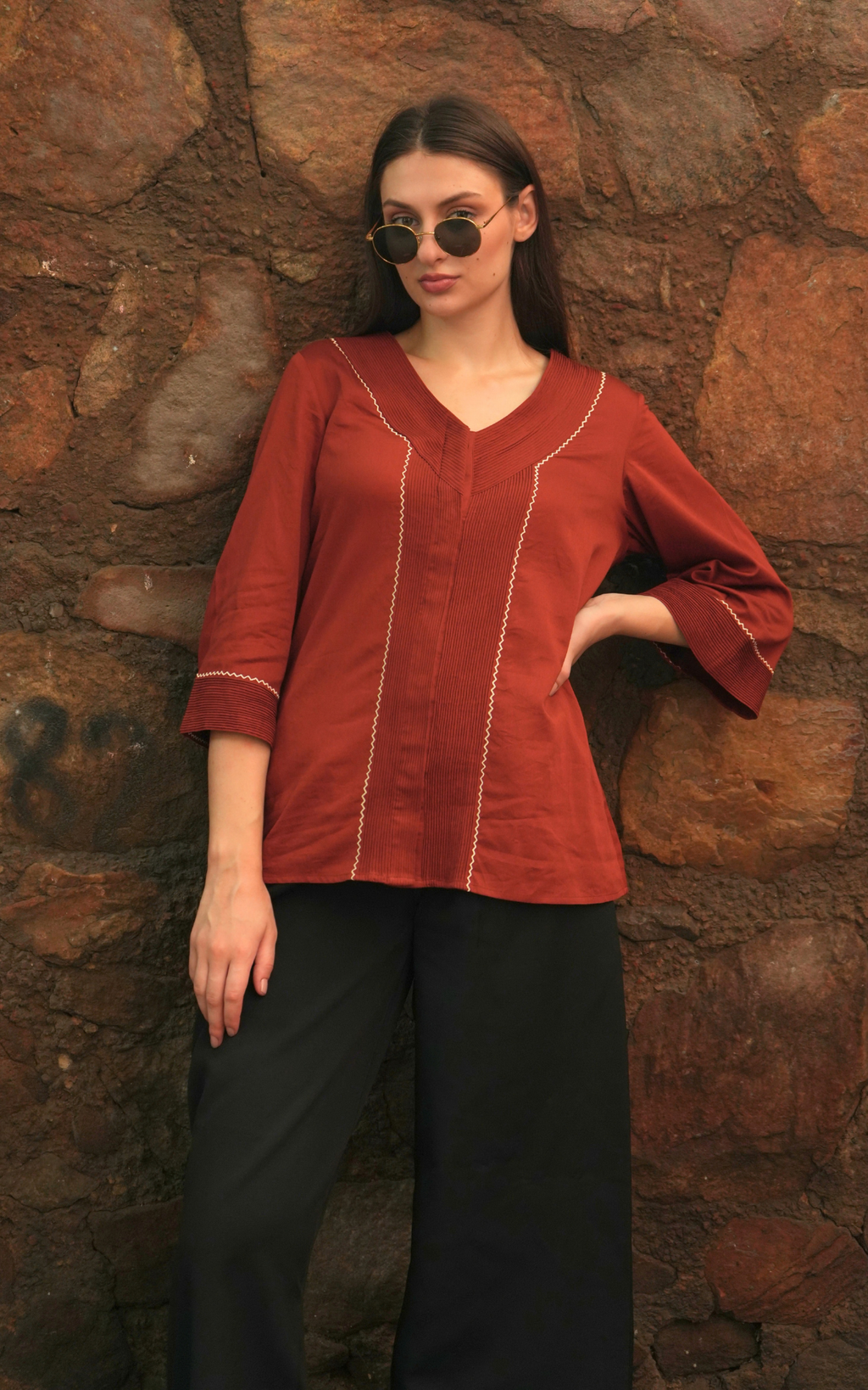 V-neck Detailed Shirt - Rust Red