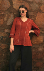 V-neck Detailed Shirt - Rust Red