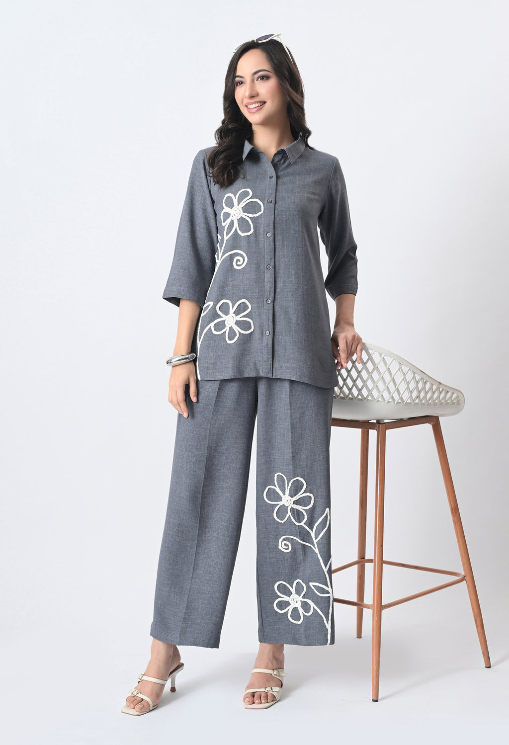 BLUISH GREY WRINKLE FREE CO-ORD SET