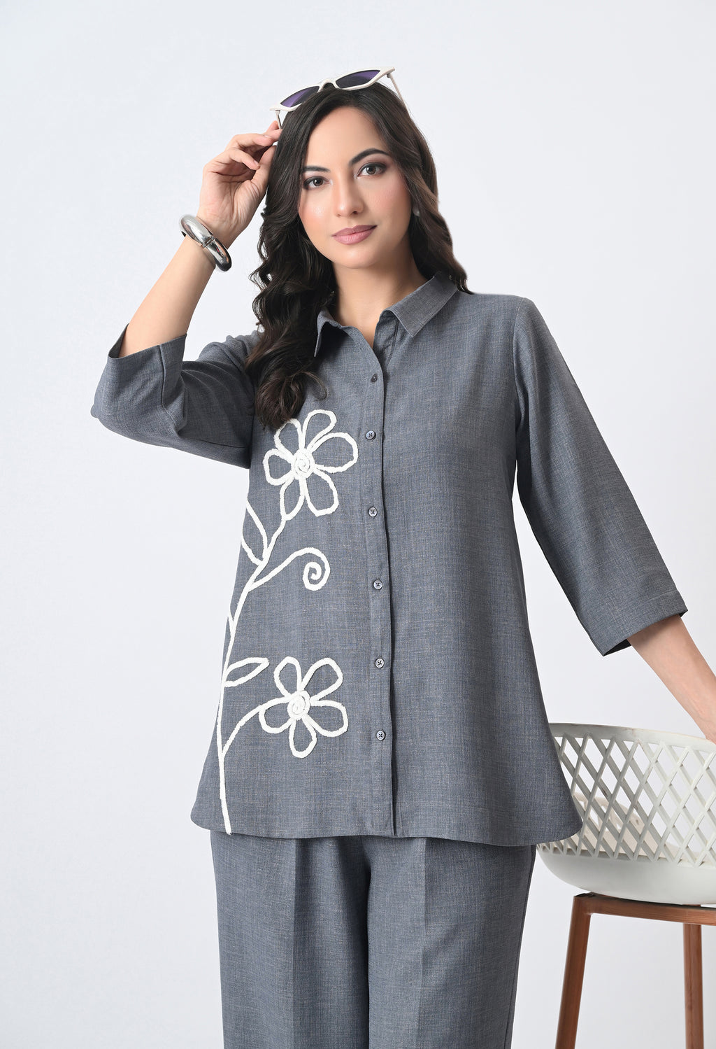 BLUISH GREY WRINKLE FREE CO-ORD SET