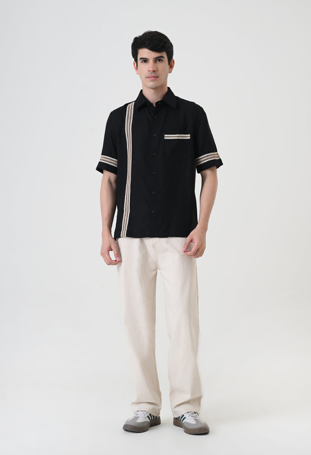 Black Linen Embroidered Box Fit Shirt