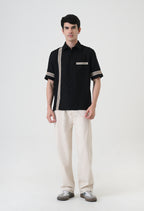 Black Linen Embroidered Box Fit Shirt