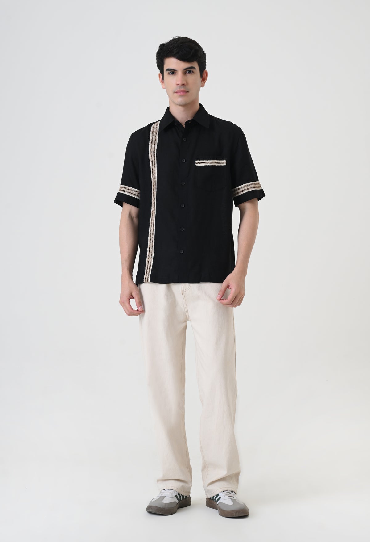 Black Linen Embroidered Box Fit Shirt