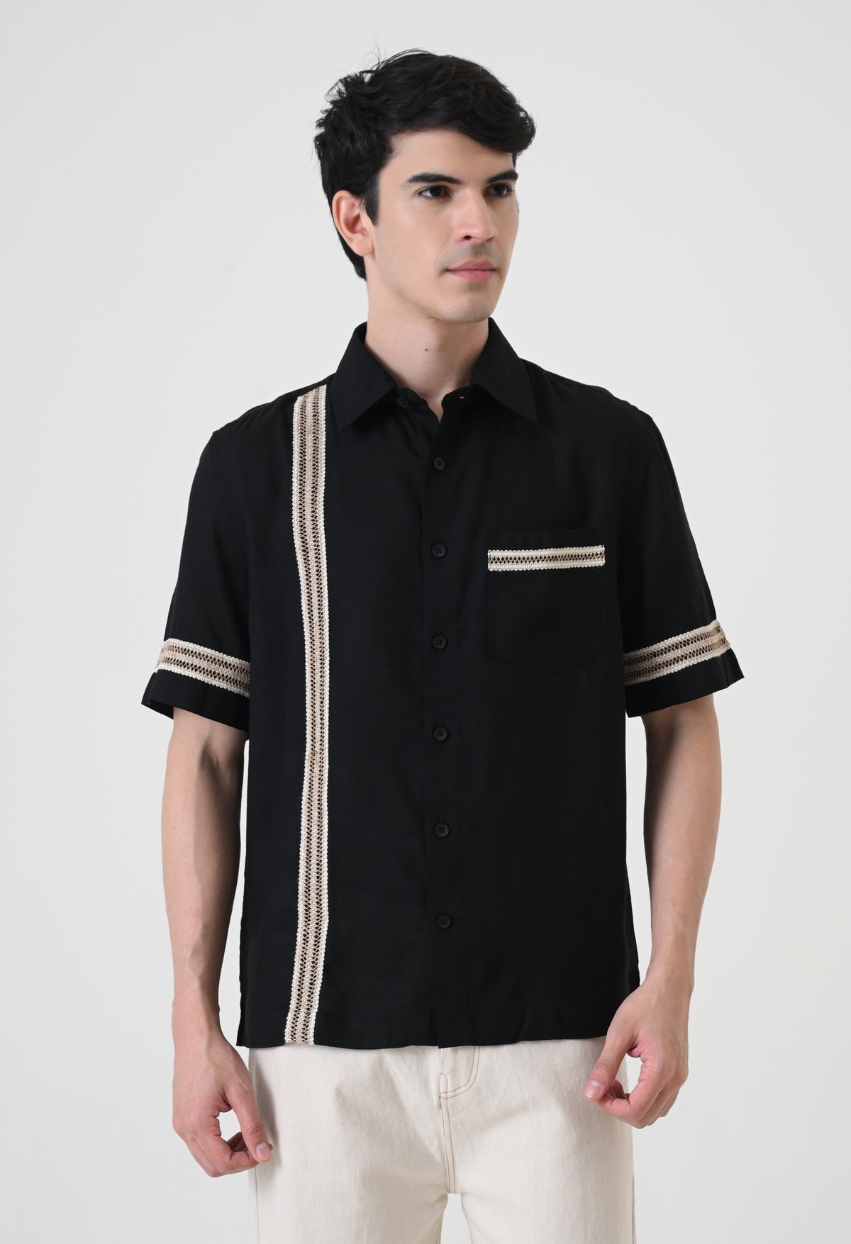 Black Linen Embroidered Box Fit Shirt