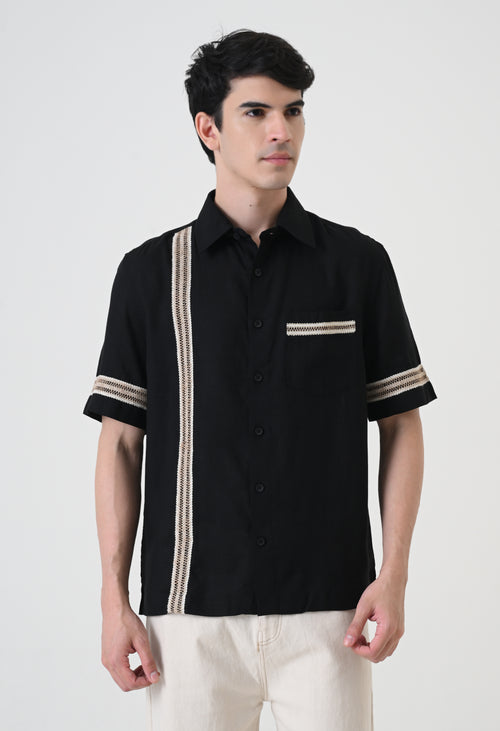 Black Linen Embroidered Box Fit Shirt