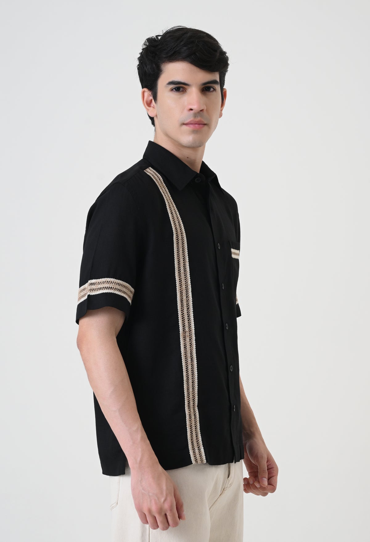 Black Linen Embroidered Box Fit Shirt