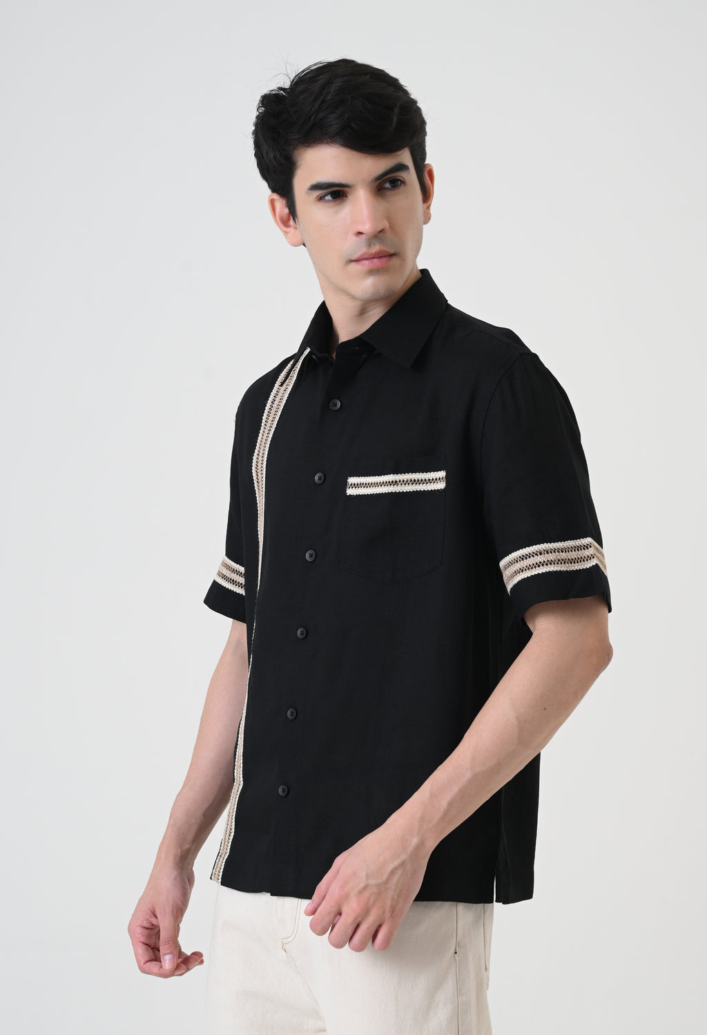 Black Linen Embroidered Box Fit Shirt