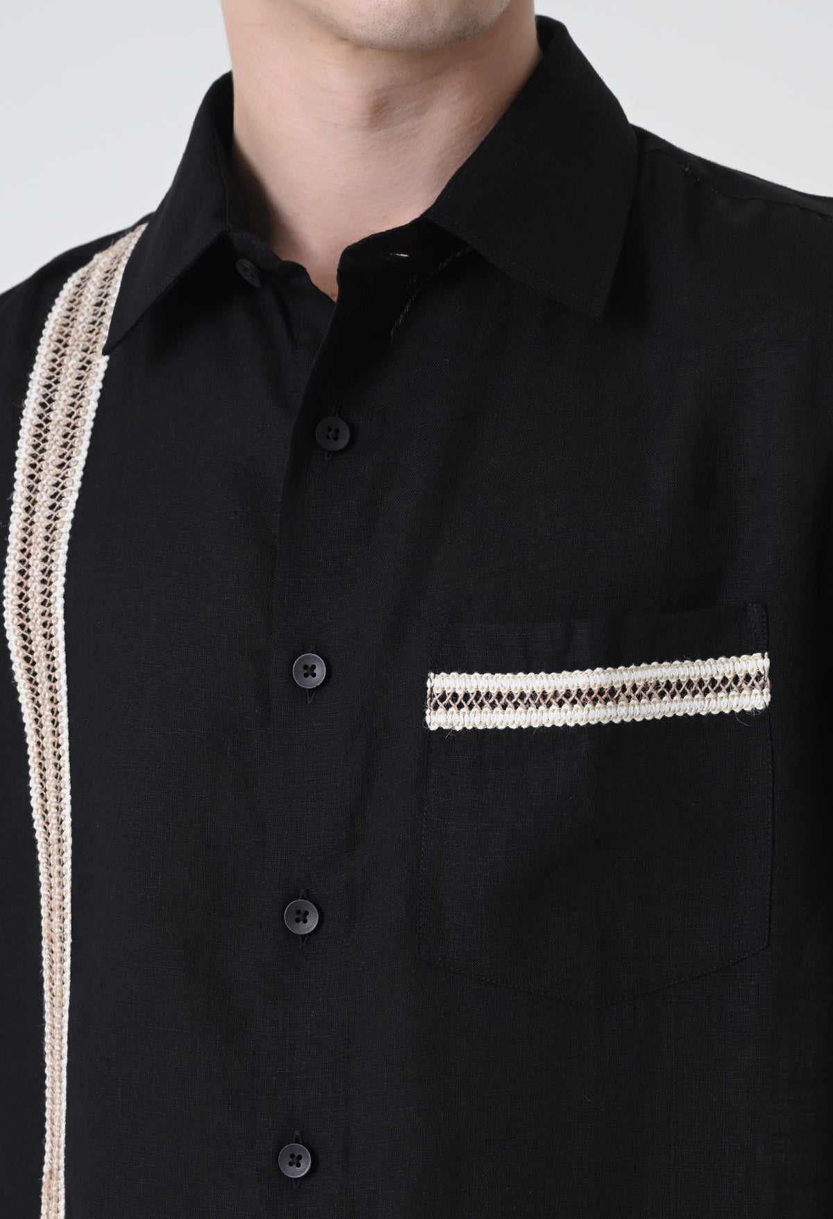 Black Linen Embroidered Box Fit Shirt