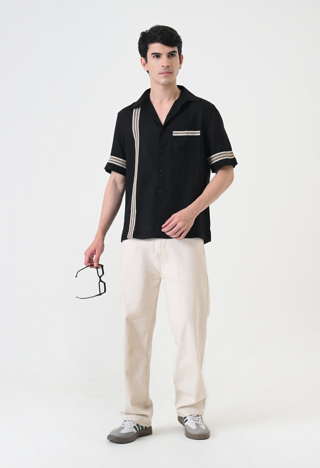 Black Linen Embroidered Box Fit Shirt