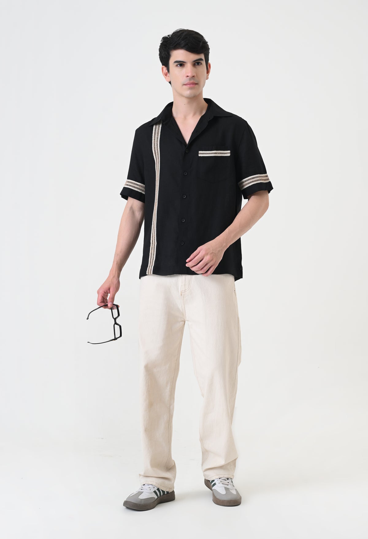 Black Linen Embroidered Box Fit Shirt