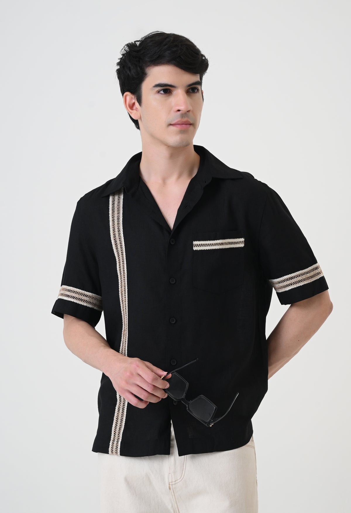Black Linen Embroidered Box Fit Shirt