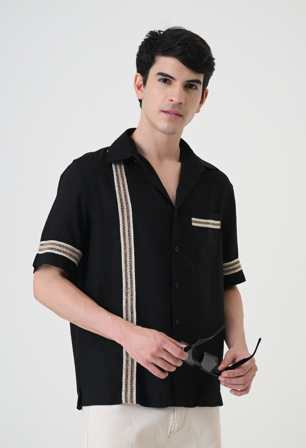 Black Linen Embroidered Box Fit Shirt