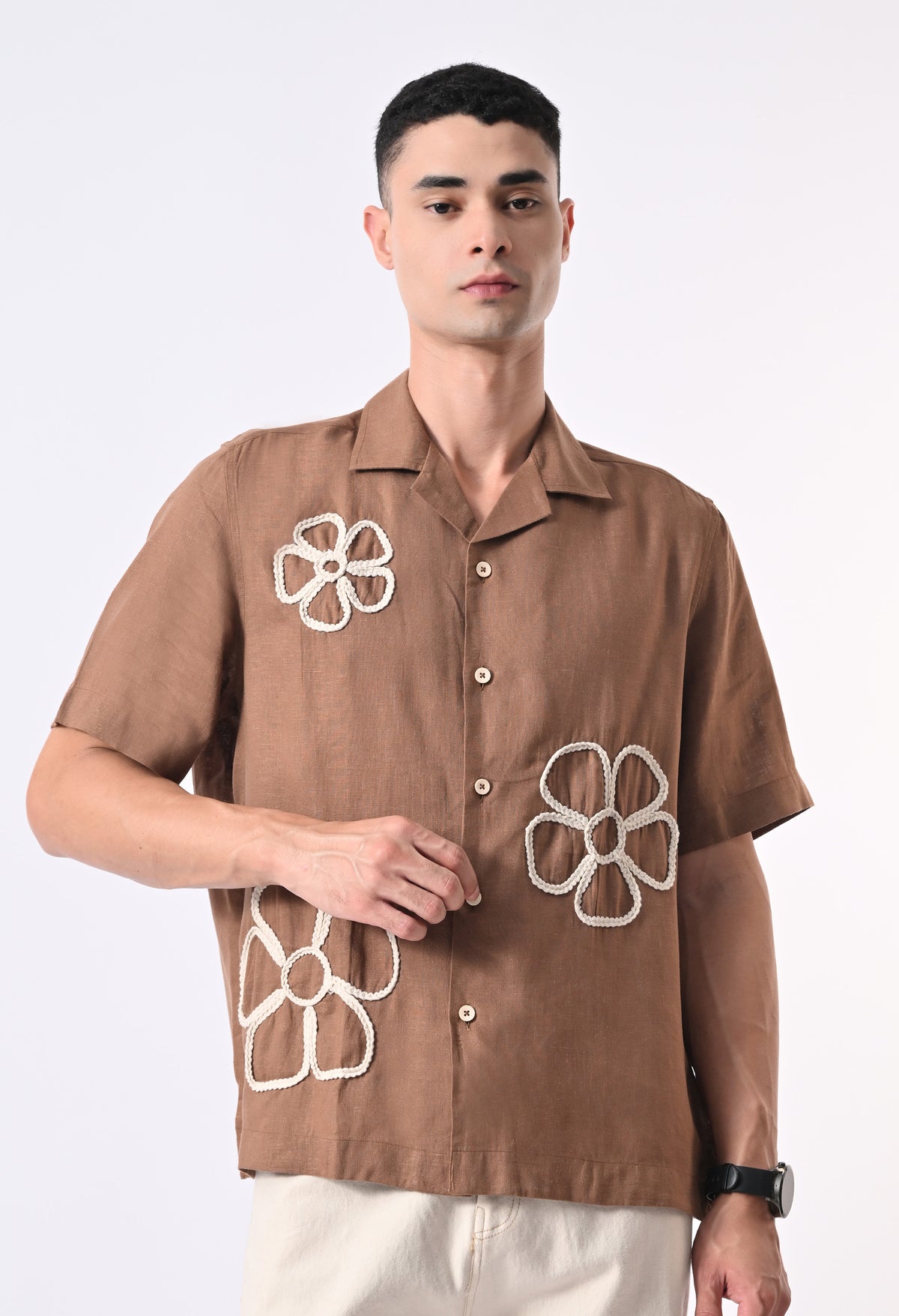 BOX FIT LINEN SHIRT - BROWN