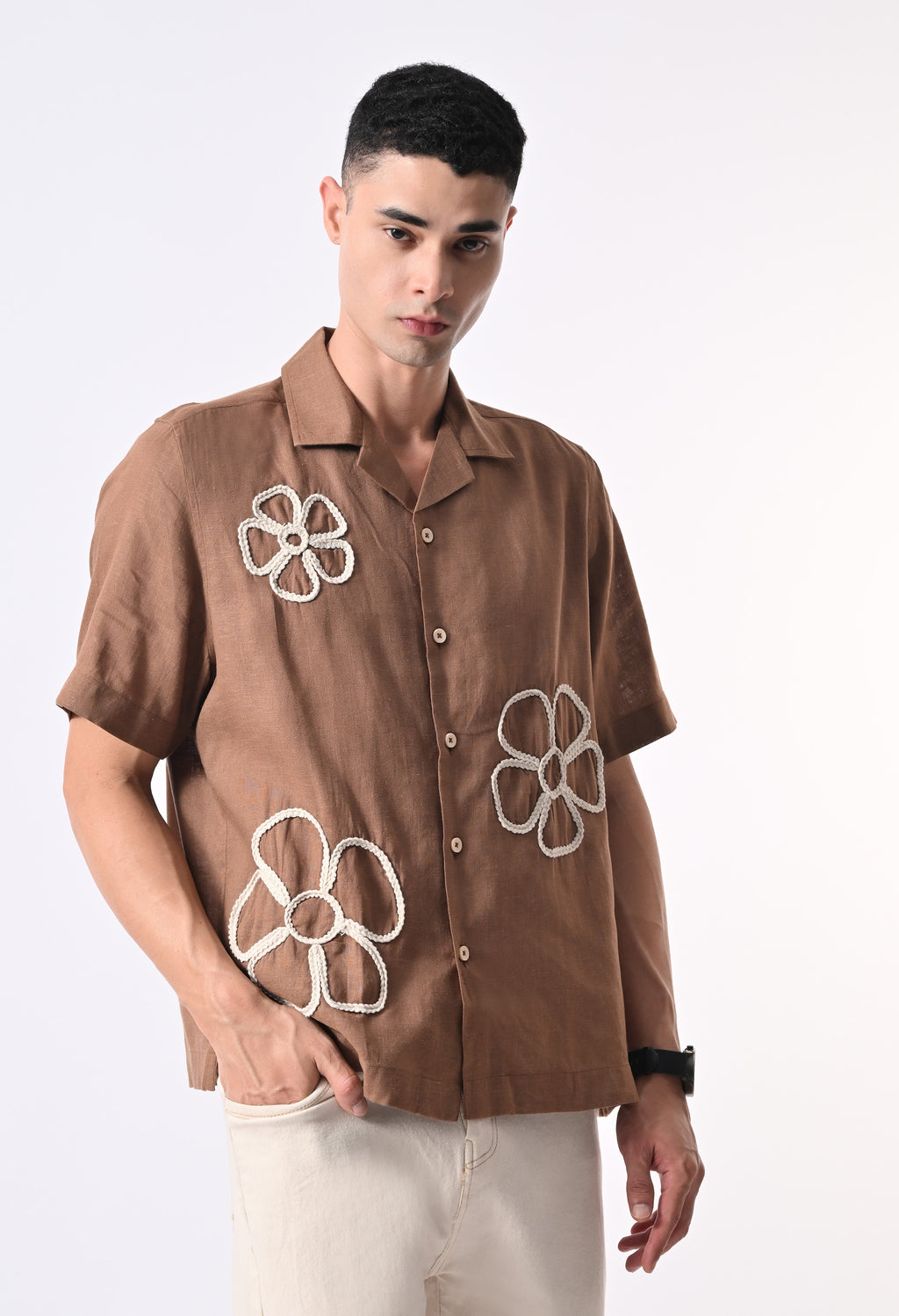 BOX FIT LINEN SHIRT - BROWN