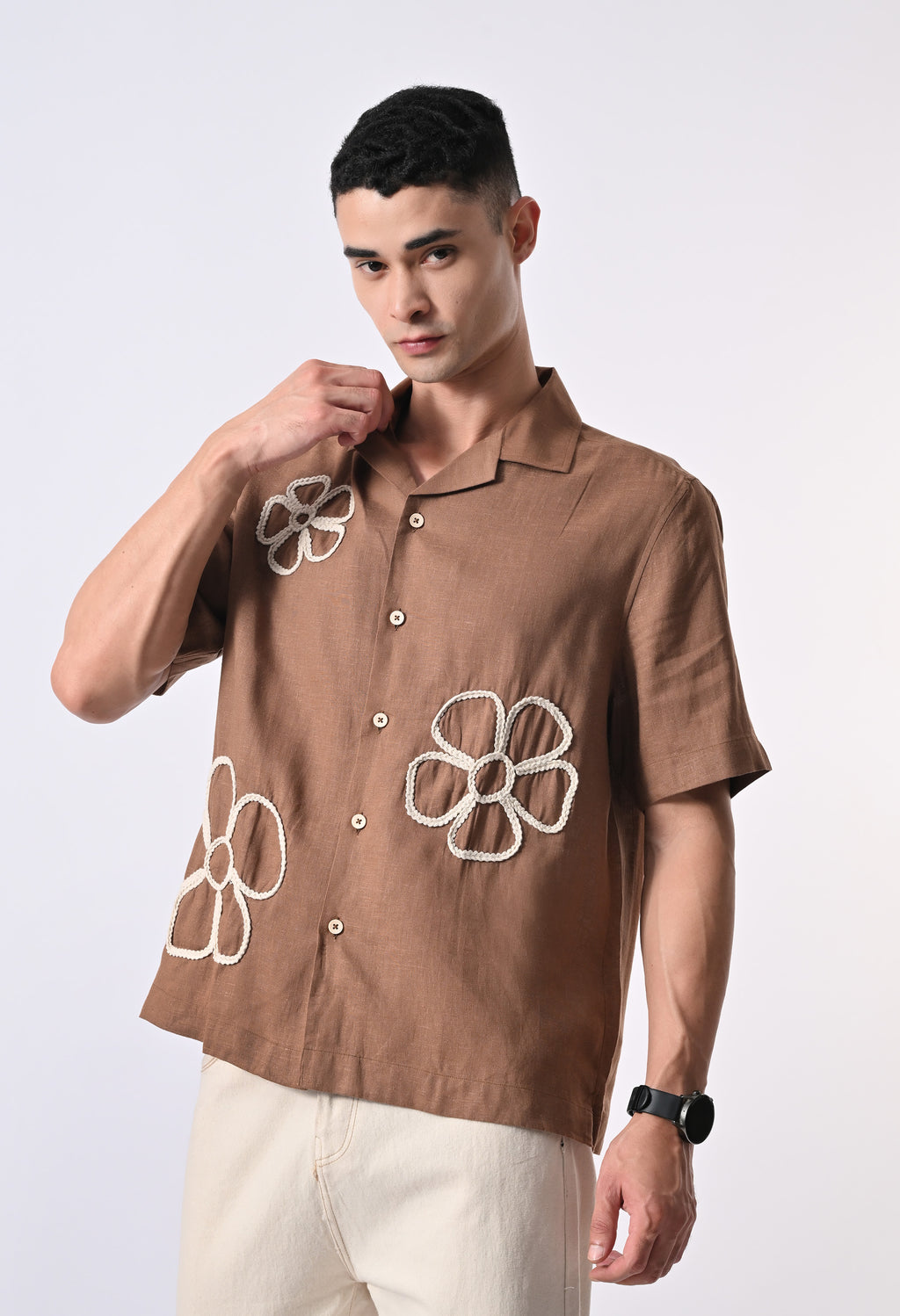 BOX FIT LINEN SHIRT - BROWN